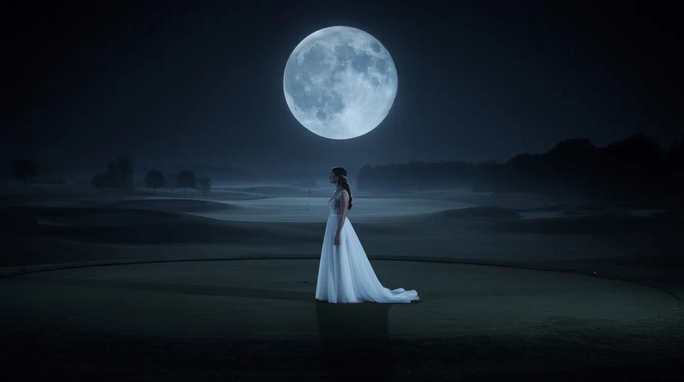 Eine Frau in einem weißen Hochzeitskleid steht allein auf einem dunklen Golfplatz bei Nacht, während bläuliches Licht eines großen Himmelskörpers auf sie fällt. Diese Szene, die an Lars von Triers Film "Melancholia" erinnert, vermittelt eine melancholische Stimmung und symbolisiert das Gefühl von Einsamkeit und das bevorstehende Ende der Welt.
