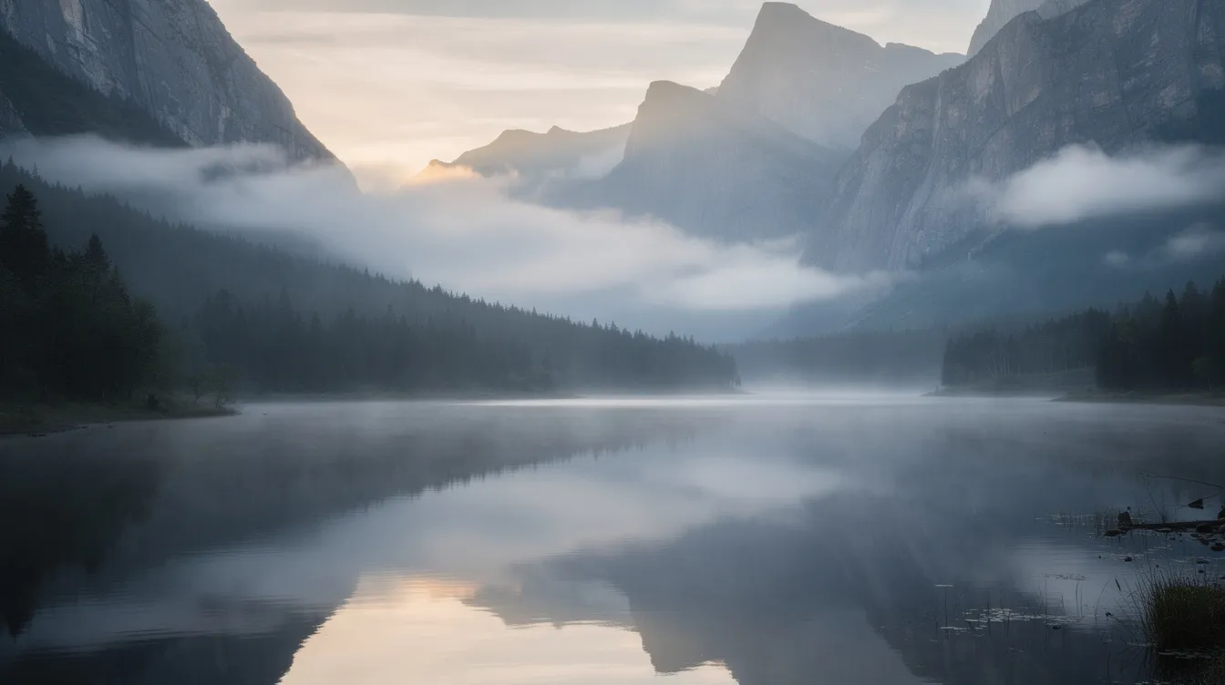 Die neblige Berglandschaft zeigt einen ruhigen, spiegelnden See im Vordergrund, der von dichten Wäldern und steilen Felswänden umgeben ist, was an die epischen Abenteuer in "Der Herr der Ringe" erinnert. Diese traumhafte Szenerie könnte direkt aus Mittelerde stammen und lädt dazu ein, die Schönheit der Natur zu genießen.