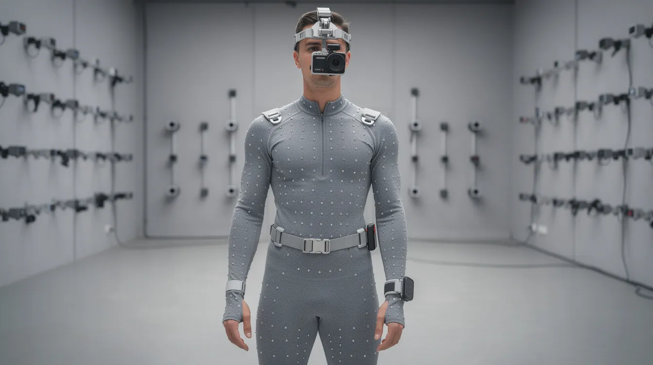 Eine Person in einem enganliegenden grauen Anzug, der mit reflektierenden Punkten bedeckt ist, steht in einem leeren Studio, umgeben von vielen kleinen Kameras an den Wänden. Vor ihrem Gesicht hält sie eine kleine Kamera, was an die Technologie aus "Avatar – Aufbruch nach Pandora" erinnert.