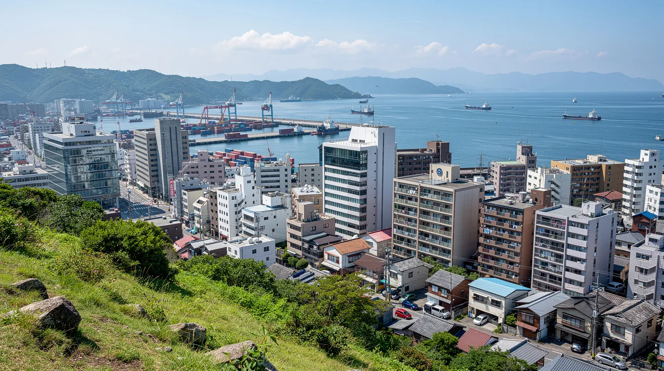 Der Panoramablick von einem Hügel zeigt eine dicht bebaute japanische Hafenstadt bei Tageslicht, in der moderne und ältere Gebäude harmonisch nebeneinander stehen. Die Szene vermittelt ein Gefühl von Großstadtleben und bietet eine interessante Perspektive auf die architektonischen Elemente und die lebendige Atmosphäre dieser urbanen Umgebung.