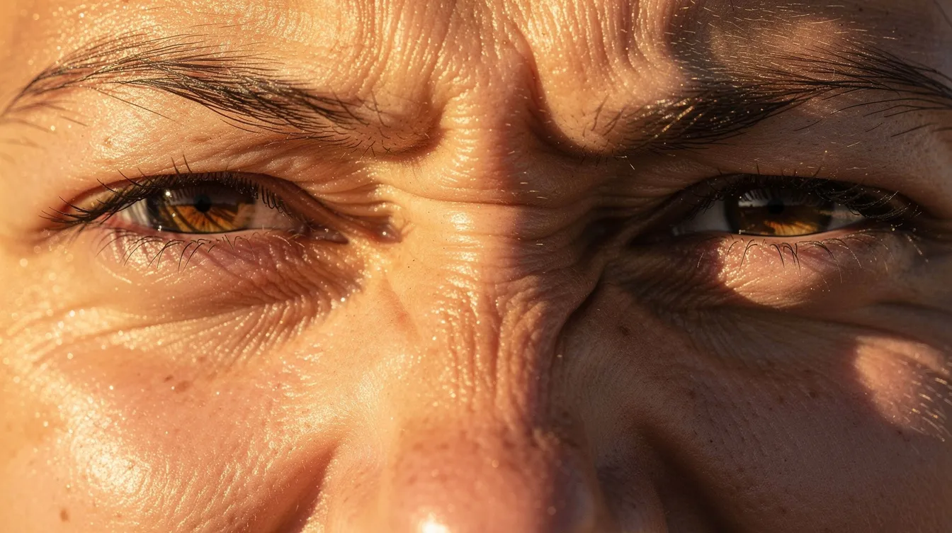 Die extreme Nahaufnahme zeigt zusammengekniffene Augen, die sich gegen das harsche Sonnenlicht schützen. Diese Darstellung erinnert an die charakteristischen Szenen in "Zwei glorreiche Halunken", die den Italo-Western-Stil von Sergio Leone verkörpern.