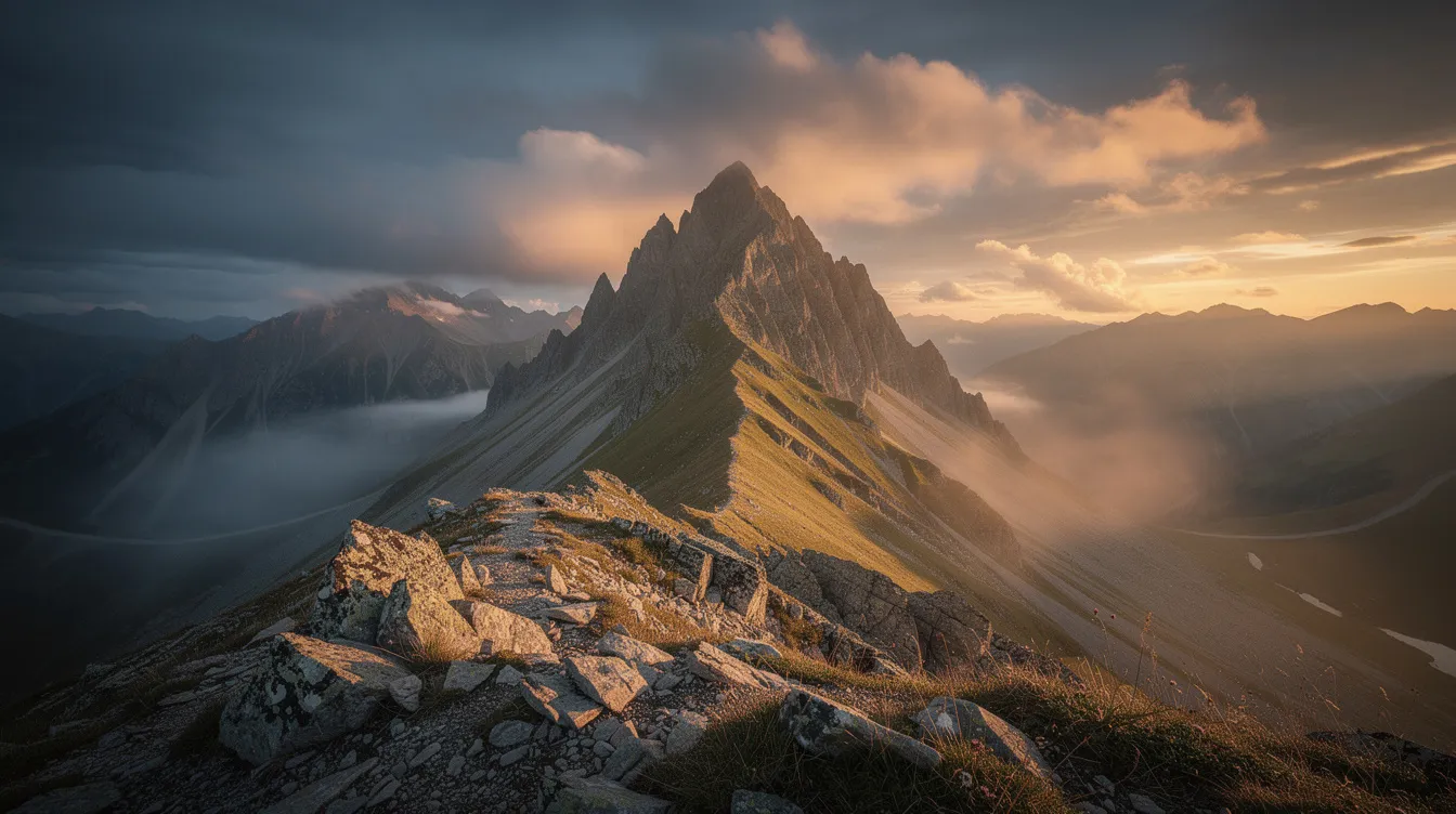 Die dramatische Berglandschaft zeigt einen majestätischen Gipfel in der Mitte, umgeben von tiefen Tälern, die symbolisch für den Spannungsbogen einer Geschichte stehen. Diese Szenerie spiegelt den Aufstieg und Fall des Protagonisten wider, während sie die Elemente eines narrativen Bogens verkörpert.