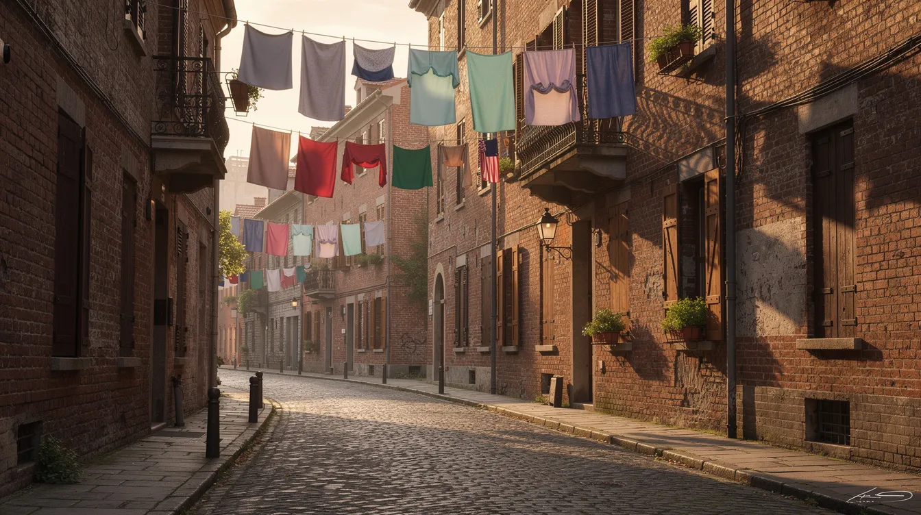 Die enge Gasse zeigt alte Backsteinhäuser, zwischen denen Wäscheleinen gespannt sind, während warmes Nachmittagslicht die Szene beleuchtet. Diese Atmosphäre erinnert an die historischen Viertel, die man in Filmen wie "Der Pate Teil II" erleben könnte.