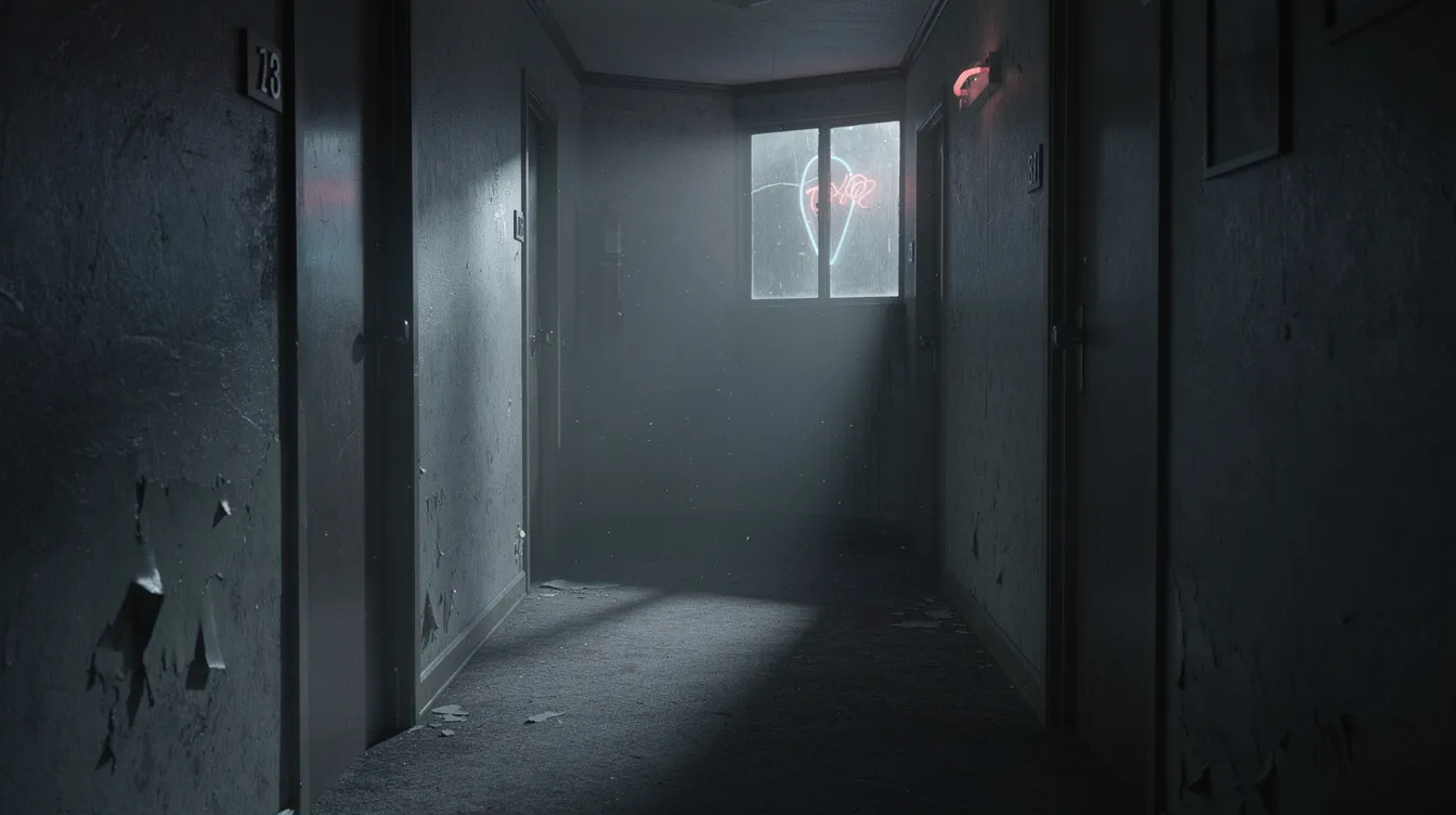 Ein düsterer Motelflur bei Nacht, beleuchtet von schwachem Neonlicht, das durch ein Fenster strahlt und lange Schatten auf den Boden wirft. Diese Szenerie könnte direkt aus einem Thriller wie "No Country for Old Men" stammen, in dem Spannung und Gefahr allgegenwärtig sind.