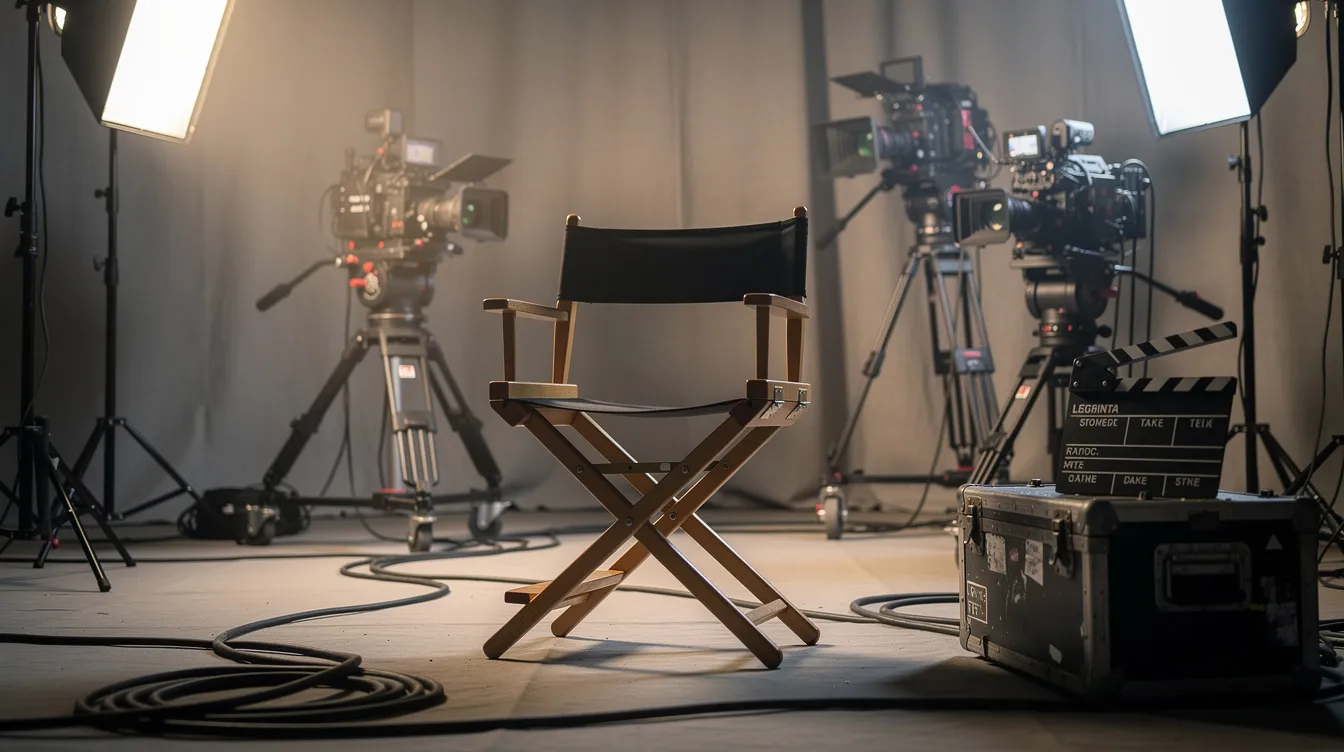 Ein leerer Regiestuhl steht im Mittelpunkt eines professionell ausgeleuchteten Filmsets, umgeben von Kameras und technischem Equipment, das auf die bevorstehende Produktion einer Serie hinweist. Die Atmosphäre vermittelt das Gefühl von Kreativität und Vorbereitung in der Filmindustrie.