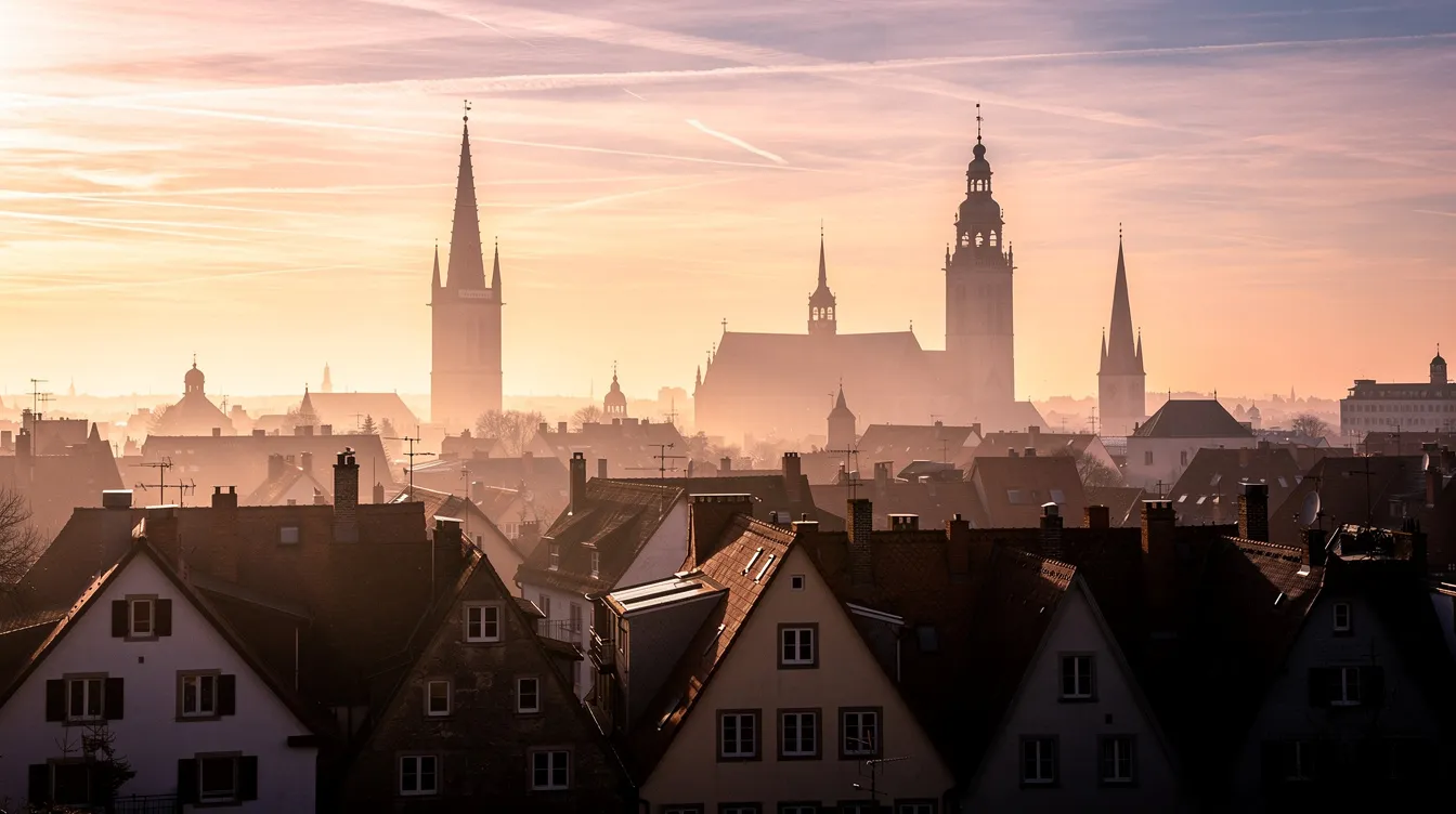 Der Sonnenaufgang über einer europäischen Stadtsilhouette zeigt Kirchturmspitzen und Dächer, die in goldenen und rosafarbenen Tönen erstrahlen. Diese malerische Kulisse erinnert an eine romantische Szene aus einem Film, in dem Liebe und Begegnungen im Mittelpunkt stehen.
