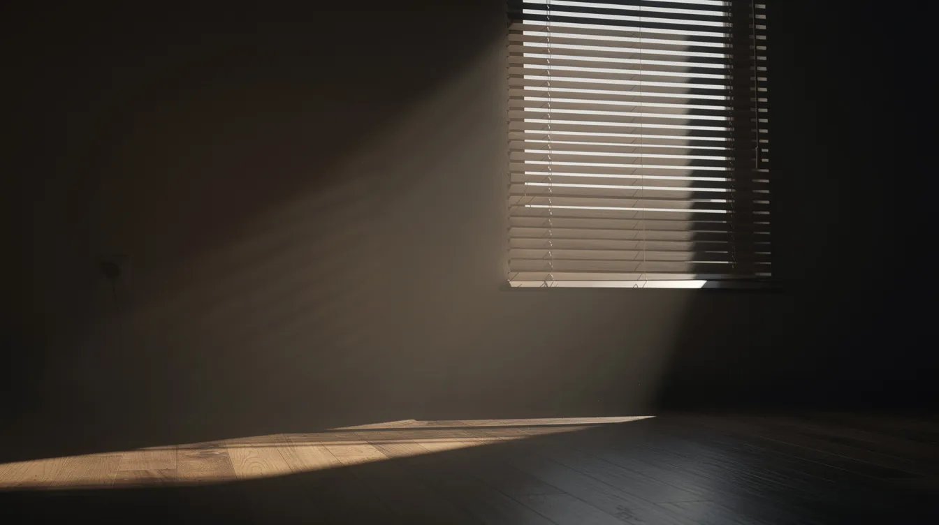 In einem dunklen Raum fallen Streifen aus Licht und Schatten durch halb geschlossene Jalousien auf eine Wand und einen Holzboden. Diese Szenerie erinnert an die düstere Atmosphäre eines Film Noir, ähnlich wie in "Double Indemnity", wo Intrigen und Geheimnisse im Spiel sind.