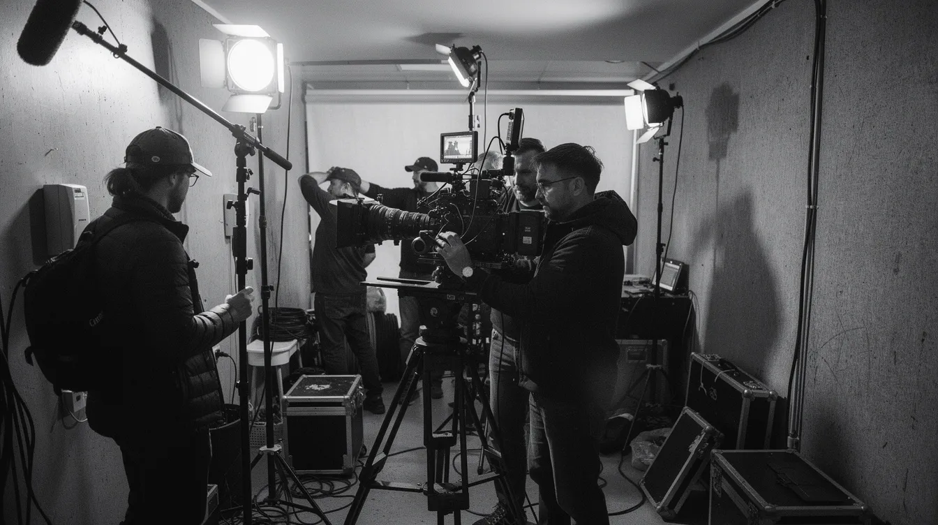 Die Filmcrew befindet sich bei Dreharbeiten in einem sehr engen Raum, umgeben von Scheinwerfern und technischem Equipment, in einer Schwarzweiß-Atmosphäre, die an die düstere Stimmung von Filmen über den Zweiten Weltkrieg erinnert. Die Szene vermittelt das Gefühl von Intensität und Konzentration, während die Regie sorgfältig die Handlung und die Figuren inszeniert.