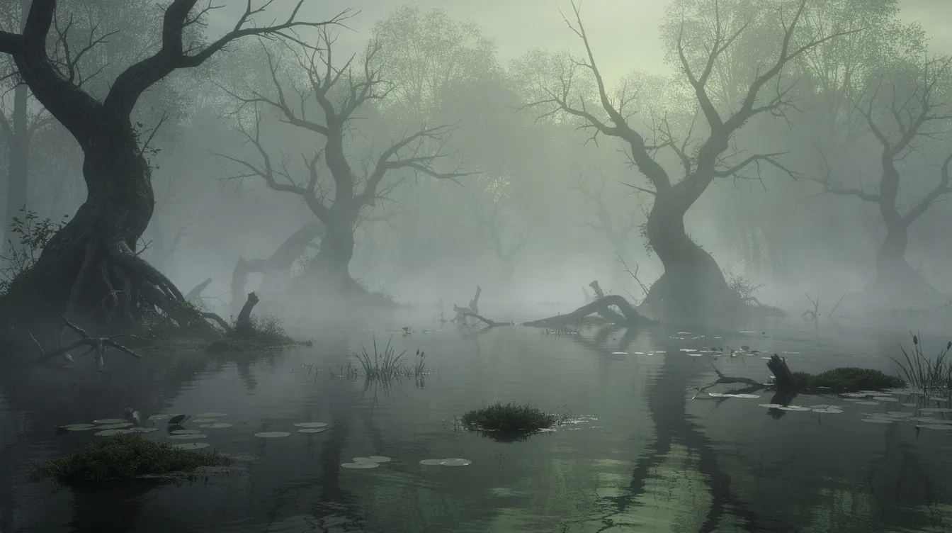 Eine neblige Sumpflandschaft mit knorrigen Bäumen und einem diffusen grünen Licht schafft eine geheimnisvolle Atmosphäre, die an den Planeten Dagobah aus "Star Wars Episode V: Das Imperium schlägt zurück" erinnert. Die Szenerie vermittelt ein Gefühl von Mystik und Abenteuer, das die Sinne anregt.