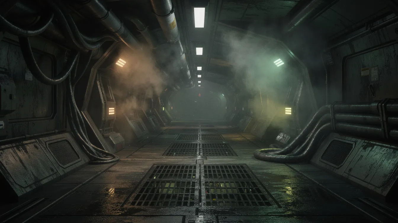 Ein dunkler industrieller Korridor eines Raumschiffs, umgeben von Rohren und Dampf, ist schwach in grünen und gelben Tönen beleuchtet. Die Atmosphäre erinnert an Science-Fiction-Filme wie "Alien – Das unheimliche Wesen aus einer fremden Welt", in denen die Besatzung des Raumschiffs mit unheimlichen Herausforderungen konfrontiert wird.