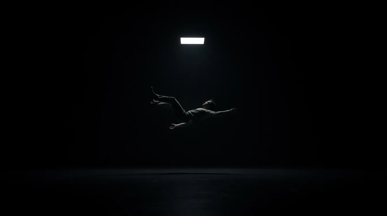 In einer düsteren Szene schwebt ein schwarzer Mann durch einen leeren, schwarzen Raum, während über ihm in der Ferne ein winziges, helles Lichtrechteck leuchtet. Diese visuelle Darstellung könnte an die Atmosphäre eines Horrorfilms erinnern, in dem Geheimnisse und Sorgen der Charaktere eine zentrale Rolle spielen.