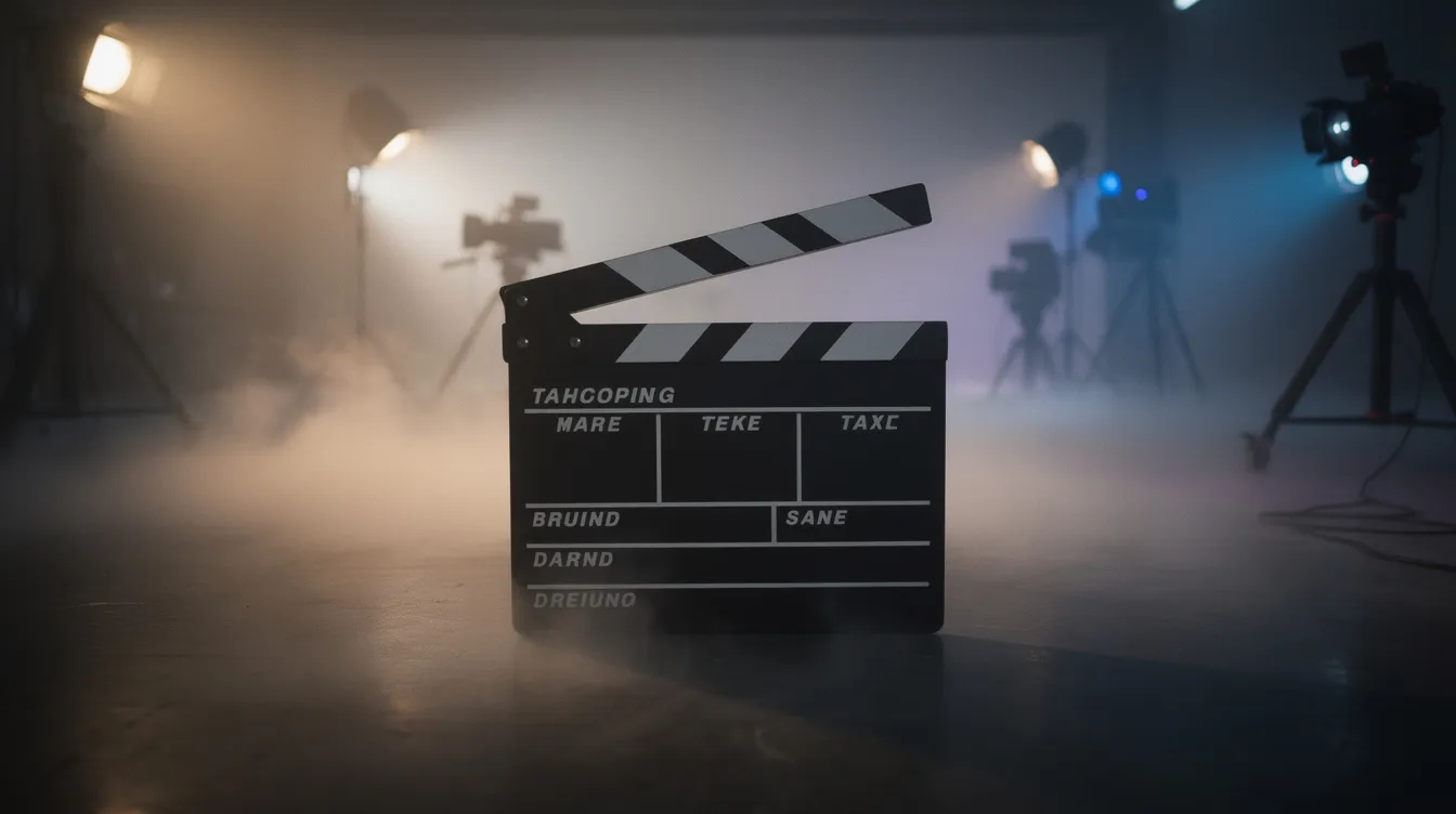 Auf dem Bild ist eine Filmklappe zu sehen, die auf einem atmosphärisch beleuchteten Filmset platziert ist. Nebel und gedämpftes Licht schaffen eine spannungsgeladene Atmosphäre, die auf die bevorstehenden Ereignisse und die Handlung der Geschichte hinweist.