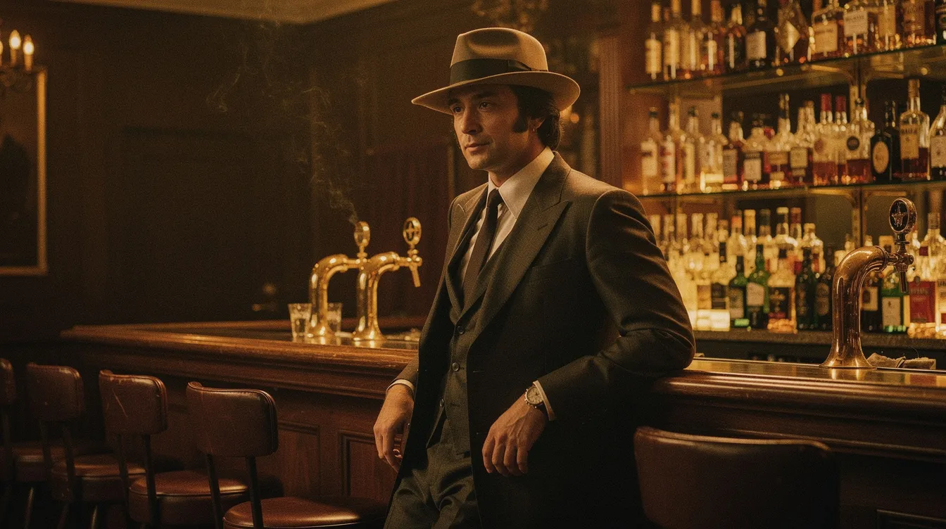 Ein eleganter Mann in einem Anzug und mit einem Hut sitzt an einer Bar, umgeben von warmem Licht, das eine nostalgische 1970er-Jahre-Atmosphäre schafft. Die Szene erinnert an klassische Gaunerkomödien und könnte gut in einem Film mit Stars wie Robert Redford oder Paul Newman spielen.