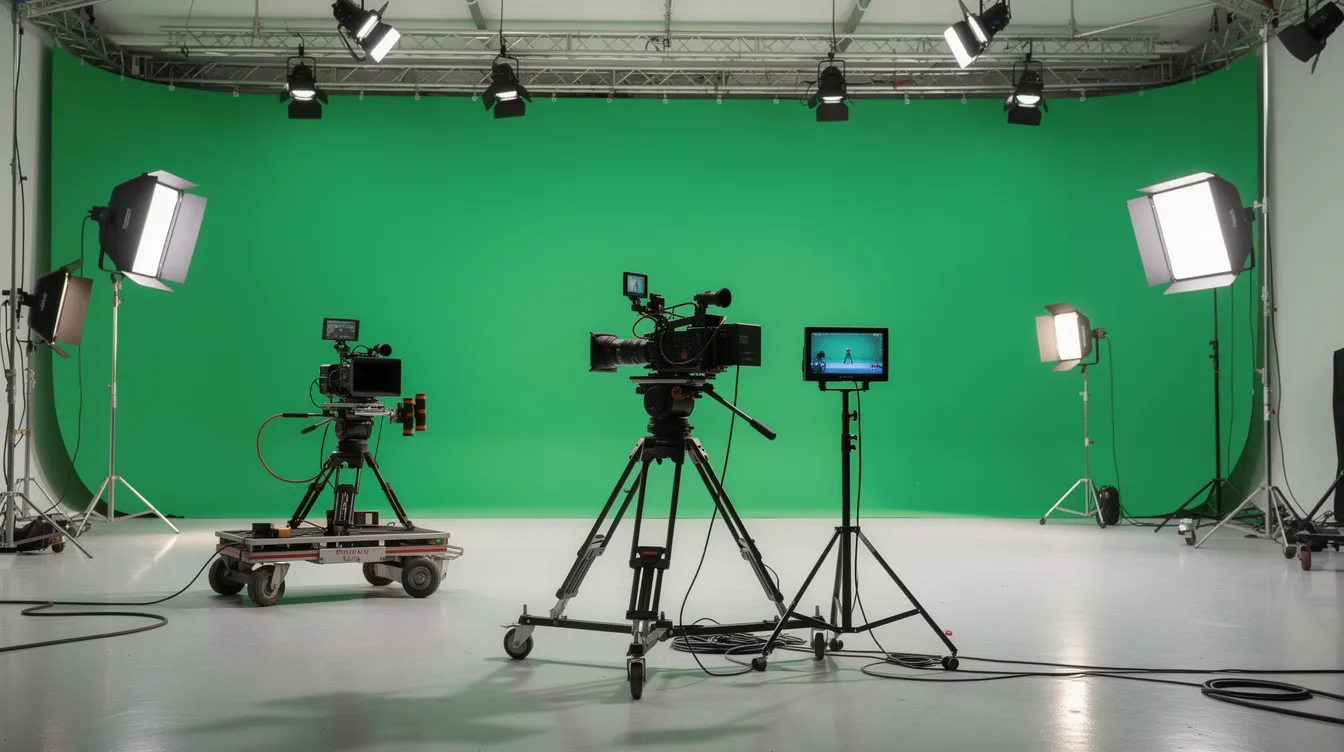 Das Bild zeigt ein Filmstudio mit einer grünen Greenscreen-Wand, umgeben von Scheinwerfern und professionellem Kamera-Equipment, das für die Produktion von Superheldenfilmen wie "Spider-Man" von 2002 verwendet wird. Diese Kulisse könnte eine Szene mit Peter Parker, gespielt von Tobey Maguire, oder Mary Jane Watson, dargestellt von Kirsten Dunst, darstellen.