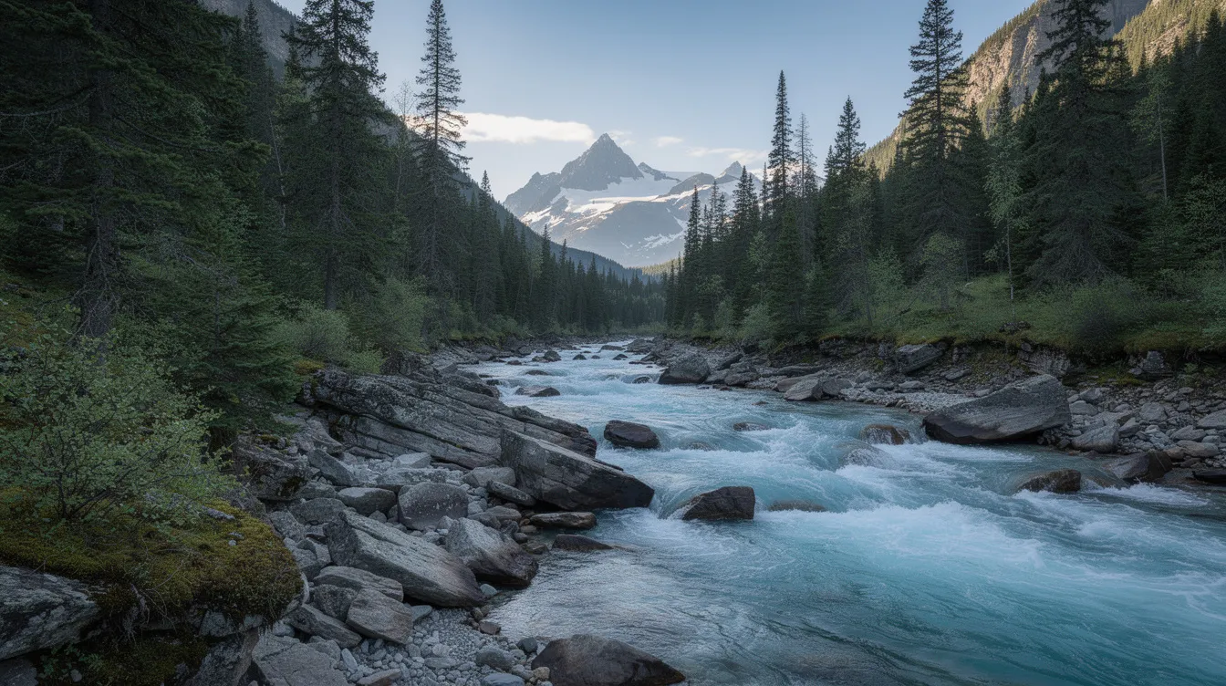 Ein spektakulärer Blick auf einen wilden Gebirgsfluss, der sich zwischen schroffen Felsen schlängelt, umgeben von dichtem Nadelwald und majestätischen, schneebedeckten Bergen im Hintergrund. Diese Szenerie vermittelt ein Gefühl von Freiheit und Abenteuer, das an die Geschichte von Christopher McCandless und seine Reise in die Wildnis erinnert.