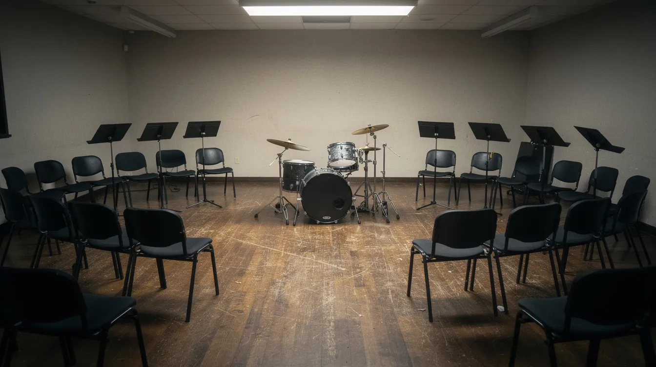 Der leere Proberaum ist mit Stühlen und Notenständern ausgestattet, während ein einzelnes Schlagzeug im Mittelpunkt steht, beleuchtet von hartem Oberlicht. Diese Atmosphäre könnte an die intensiven Proben von Musikern wie Andrew Neiman und Terence Fletcher erinnern.