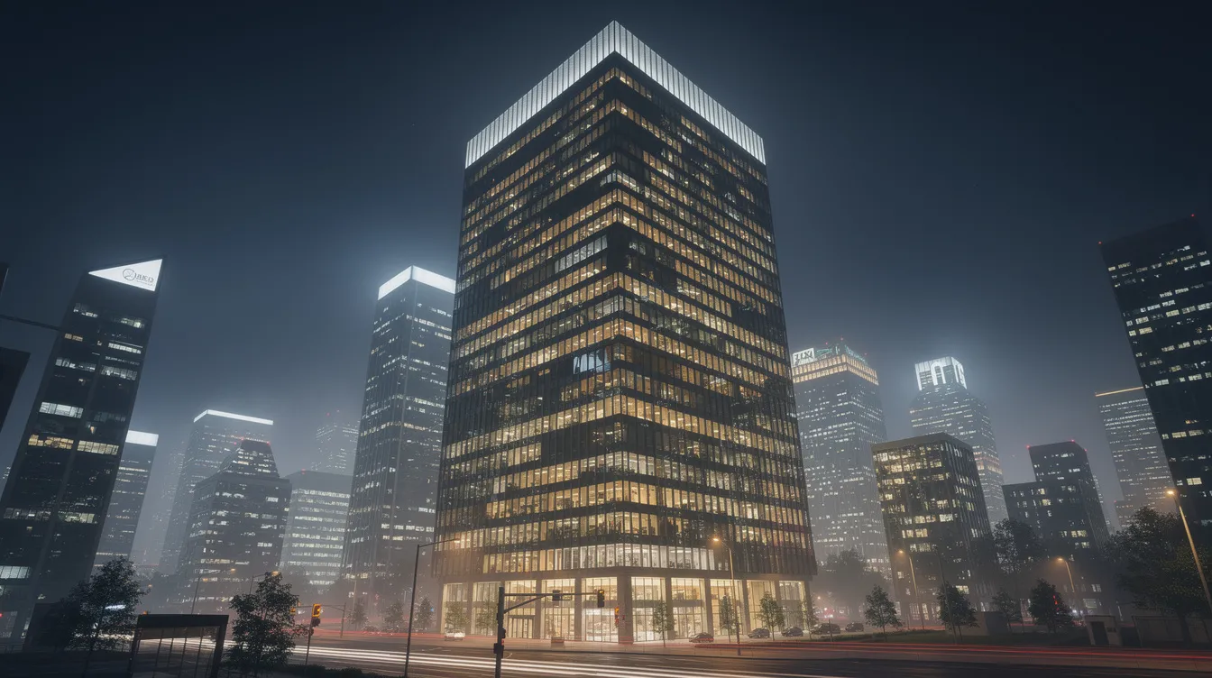 Das Bild zeigt ein beeindruckendes gläsernes Bürohochhaus bei Nacht, das von warmen Lichtern beleuchtet wird und von der Skyline einer Großstadt umgeben ist. Ein leichter Dunst liegt in der Luft und erinnert an die actiongeladene Atmosphäre von Filmen wie "Stirb langsam", in denen John McClane, gespielt von Bruce Willis, als Held gegen das Böse kämpft.