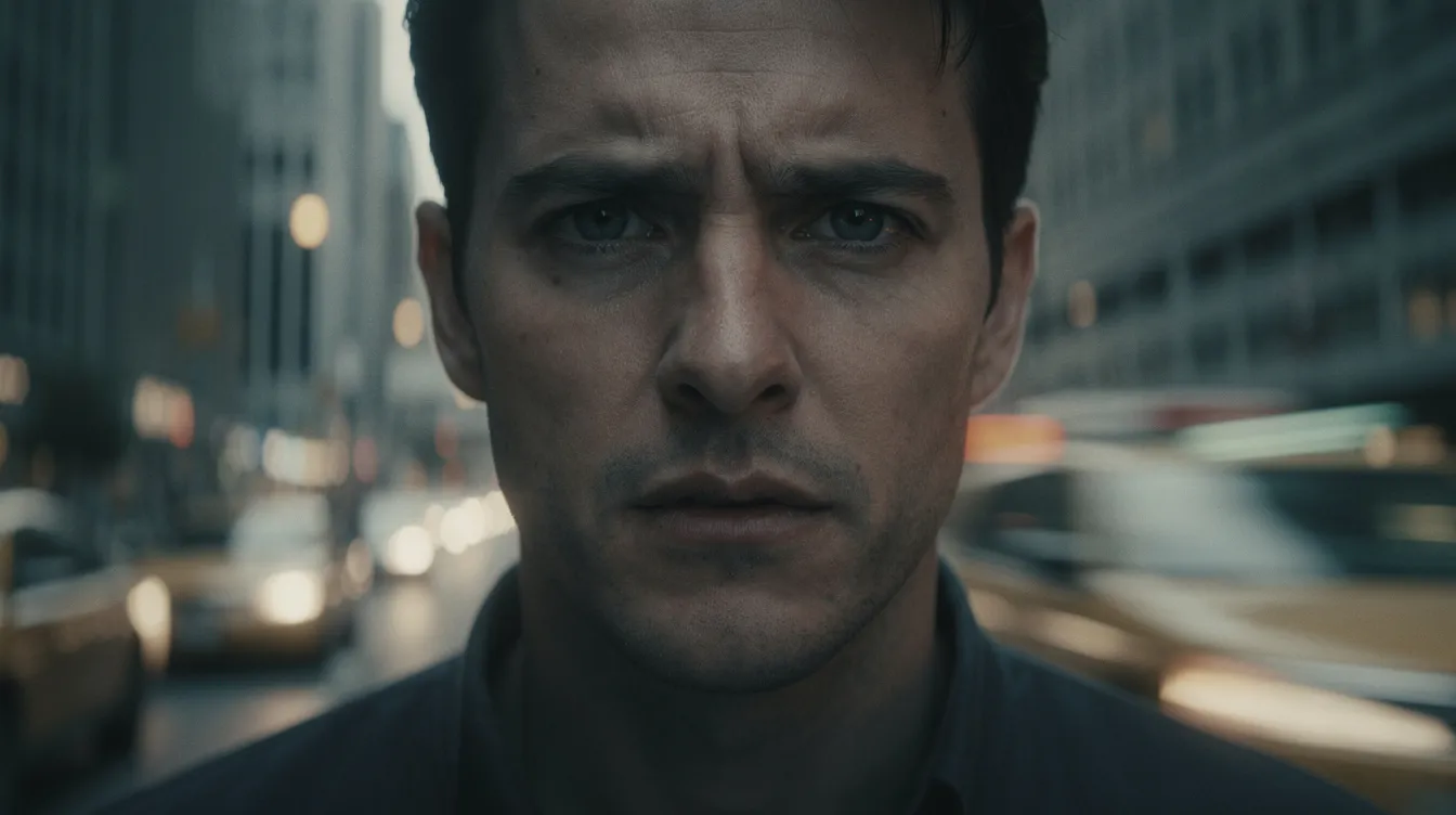 Das Bild zeigt das Gesicht eines Schauspielers, das scharf im Zentrum der dramatischen Filmszene fokussiert ist, während der unscharfe Hintergrund einer städtischen Umgebung durch Bewegung leicht verzerrt wirkt. Diese Technik, die an eine Snorricam erinnert, erzeugt eine intensive Perspektive und vermittelt ein Gefühl von Schwindel und Desorientierung.