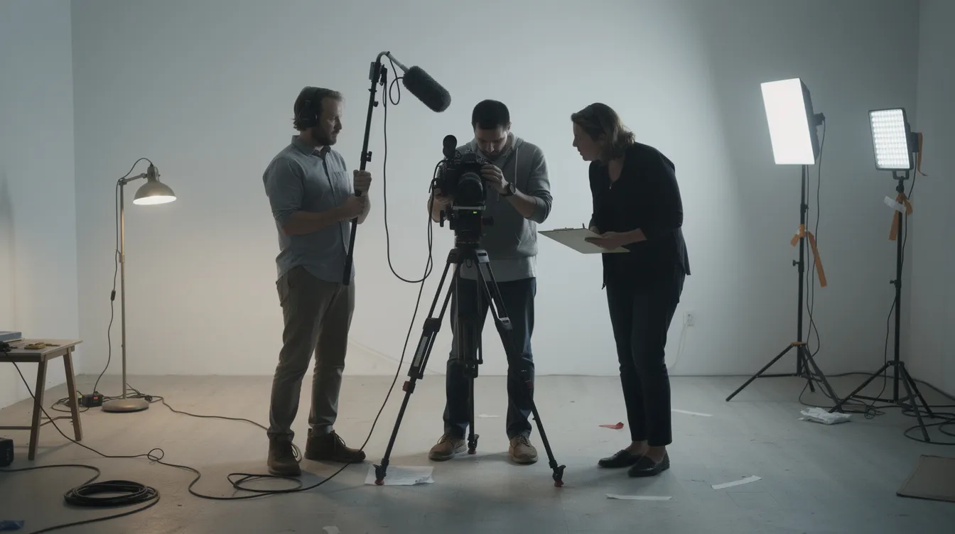 Eine kleine Filmcrew bestehend aus drei Personen dreht mit einer DSLR-Kamera auf einem Stativ in einem minimalistischen Raum. Improvisierte Lichtquellen sorgen für die nötige Beleuchtung, während sie an ihrem Video für eine Internet-Serie arbeiten.