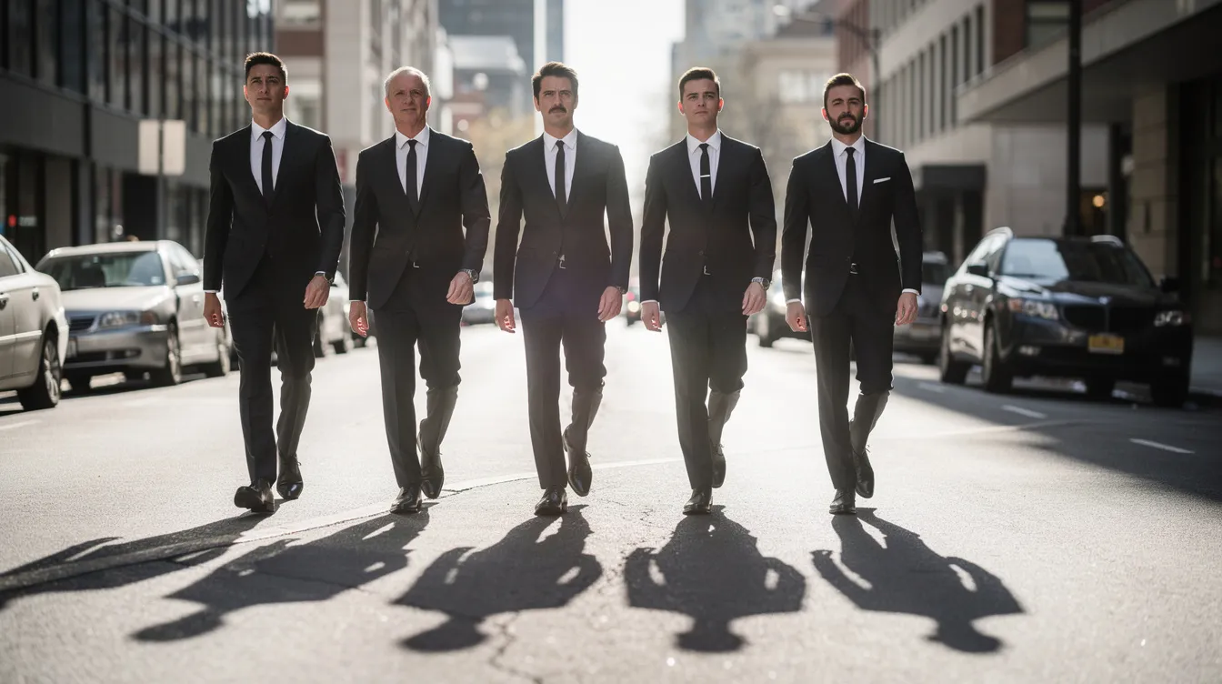 Sechs Männer in identischen schwarzen Anzügen und schmalen Krawatten gehen selbstbewusst nebeneinander auf einer sonnigen Straße, was an die ikonische Szene aus Quentin Tarantinos Film "Reservoir Dogs" erinnert. Die Weitwinkelaufnahme fängt die Synchronität und den Stil dieser Gangsterballade ein.