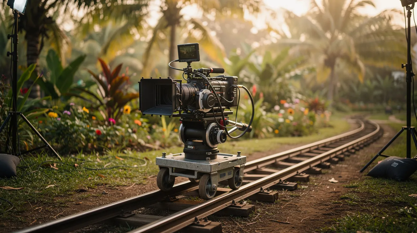 Die Filmkamera steht auf einem Dolly-Track und ist auf eine tropische Umgebung ausgerichtet, die an die Kulisse von "Jurassic Park" erinnert. Umgeben von üppigem Grün und exotischen Pflanzen, vermittelt die Szene ein Gefühl von Abenteuer und Spannung, das typisch für die Filme von Steven Spielberg ist.