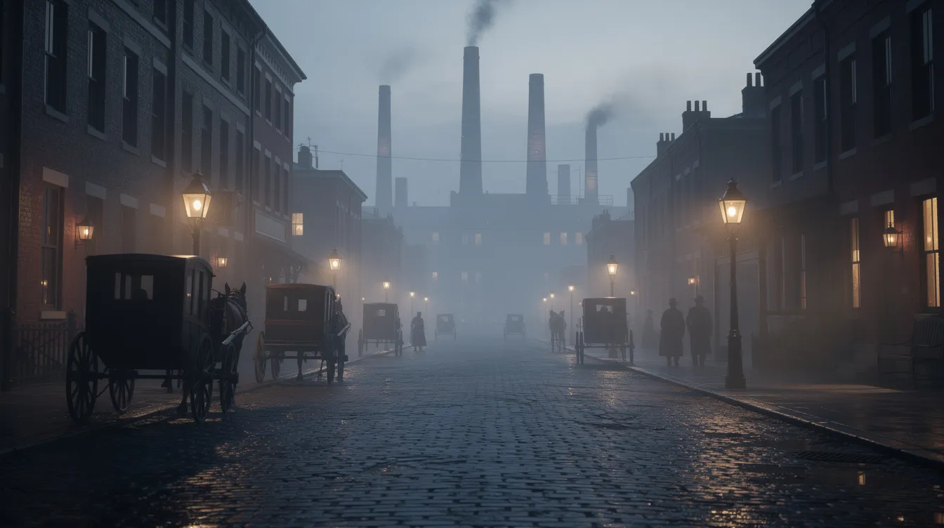 Die historische Stadtansicht zeigt ein mit Gaslaternen beleuchtetes Kopfsteinpflaster, umgeben von Kutschen und Fabrikschornsteinen im Hintergrund. In der Abenddämmerung wirken die nebligen Straßen geheimnisvoll und erinnern an die Atmosphäre von Christopher Nolans Meisterwerk "Prestige – Die Meister".