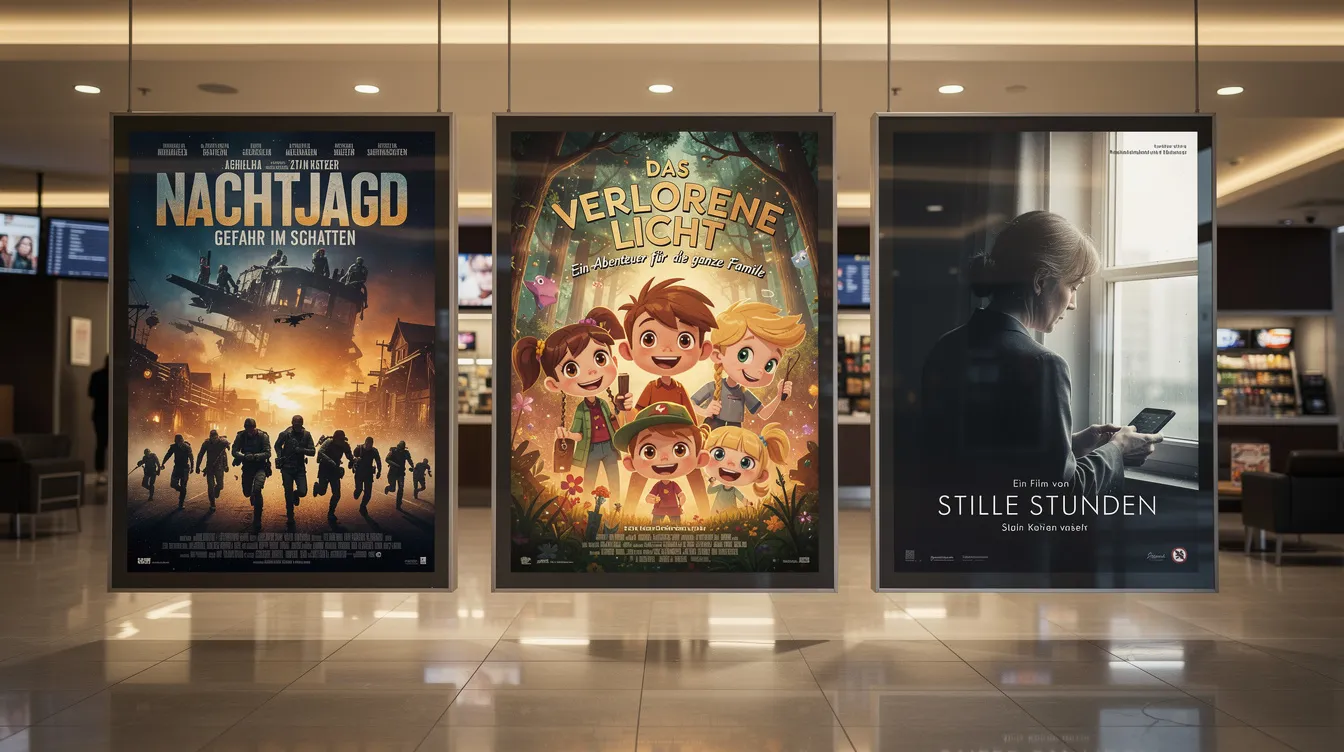 Im beleuchteten Kinofoyer sind drei verschiedene Filmplakate nebeneinander aufgehängt, die jeweils die Titel und Charaktere aus bekannten Filmreihen wie "Star Wars" und "Der Herr der Ringe" zeigen. Diese Plakate geben einen Einblick in die Handlung und die Fortsetzungen der jeweiligen Geschichten, während sie das Publikum auf die bevorstehenden Filme neugierig machen.