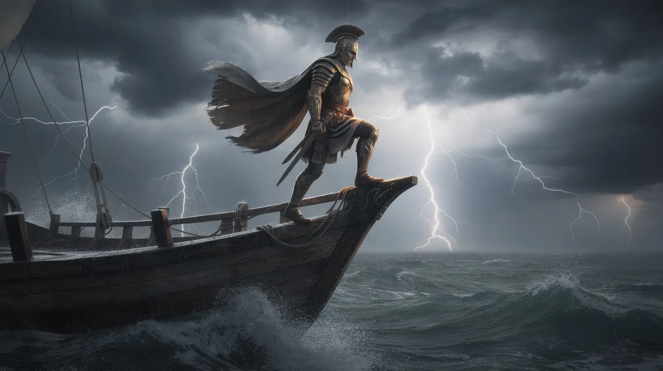Ein antiker Krieger in glänzender Rüstung steht entschlossen auf dem Bug eines hölzernen Schiffes, während gewaltige Wellen gegen das Schiff schlagen und ein dramatischer Himmel über ihm aufzieht. Diese Szene könnte aus einem epischen Film wie "Die Odyssee" stammen, in dem Themen von Krieg und Heldentum im Mittelpunkt stehen.