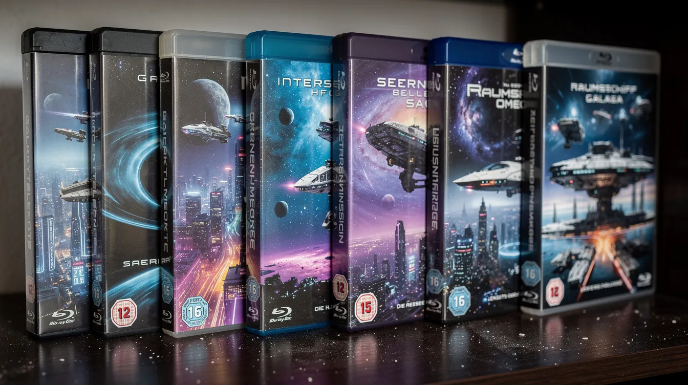 Eine Reihe von Science-Fiction Blu-ray Boxen steht in einem Regal, wobei die Cover mit Raumschiffen und futuristischen Motiven gestaltet sind. Diese Sammlereditionen bieten eine Vielzahl von Filmen und Serien, die für Sci-Fi-Fans auf Amazon.de erhältlich sind.