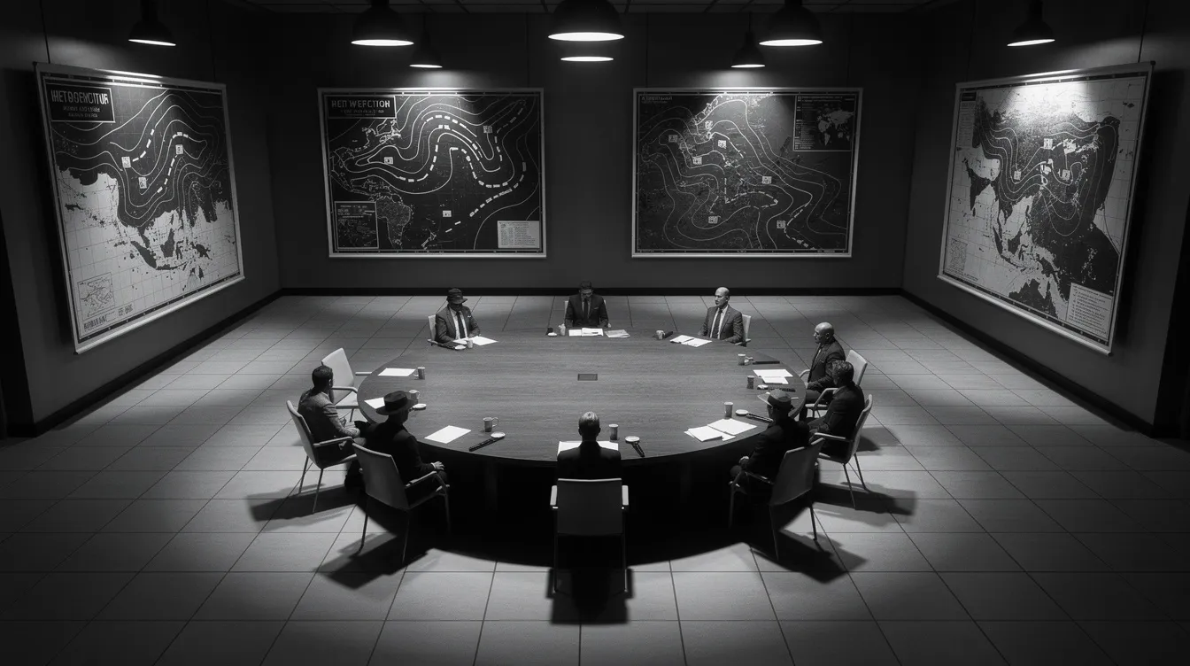 Das hochkontrastreiche Schwarz-Weiß-Bild zeigt einen großen Raum mit einem runden Tisch in der Mitte, umgeben von strategischen Karten an der Wand. Dramatische Beleuchtung von oben akzentuiert die einzelnen Figuren, die am Tisch sitzen, und vermittelt eine Atmosphäre, die an den Film "Dr. Seltsam oder wie ich lernte, die Bombe zu lieben" erinnert.