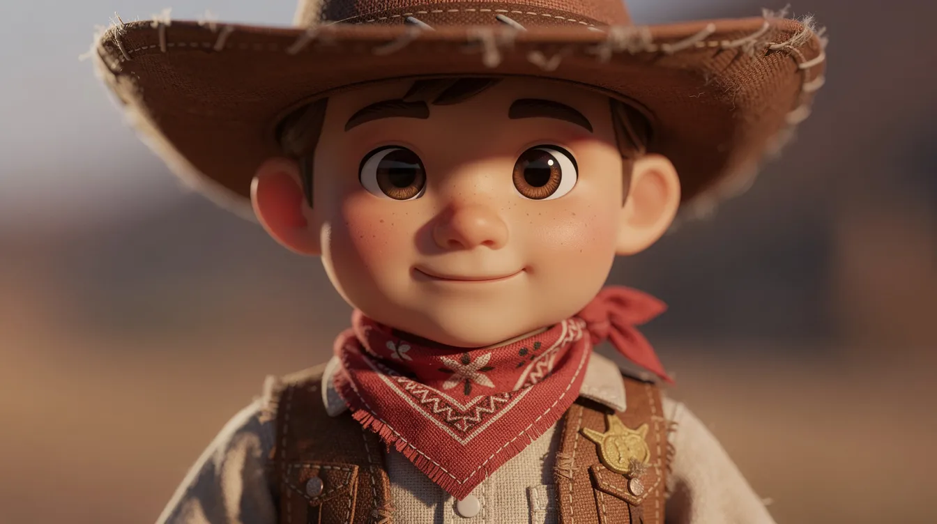 Die Nahaufnahme zeigt eine detailliert animierte Cowboy-Puppe mit realistischen Stofftexturen, deren Gesicht sanft im Licht erstrahlt. Diese Figur erinnert an Woody aus "Toy Story", der ein beliebtes Spielzeug und Teil des Pixar-Films ist.