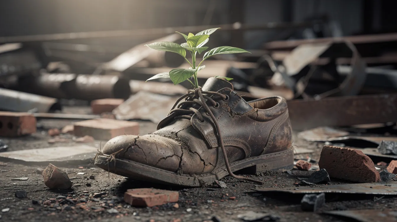 In einer von Schrott und Trümmern umgebenen Umgebung wächst eine kleine grüne Pflanze aus einem alten Schuh. Zartes Licht fällt auf die Blätter, was an die Themen von "Wall·E - Der letzte räumt die Erde auf" erinnert und die Hoffnung auf neues Leben in einer von Müll geprägten Welt symbolisiert.