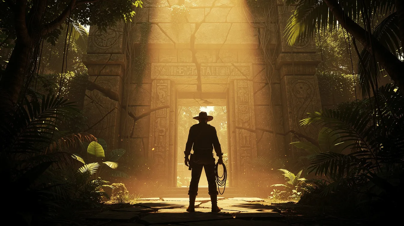 Die Silhouette eines Abenteurers mit Hut und Peitsche steht vor dem Eingang eines alten Steintempels im Dschungel, beleuchtet von goldenem Licht. Diese Szene erinnert an die Abenteuer von Indiana Jones, dem berühmten Jäger des verlorenen Schatzes.