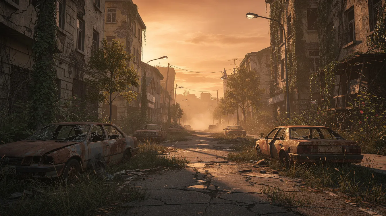 Das Bild zeigt eine verlassene, postapokalyptische Straße, auf der zerstörte Autos liegen und die von überwucherter Vegetation im warmen Abendlicht umgeben ist. Diese Szenerie erinnert an die düstere Atmosphäre der Zombie-Serie "The Walking Dead" und könnte als Kulisse für eine spannende Episode oder das Finale einer Staffel dienen.