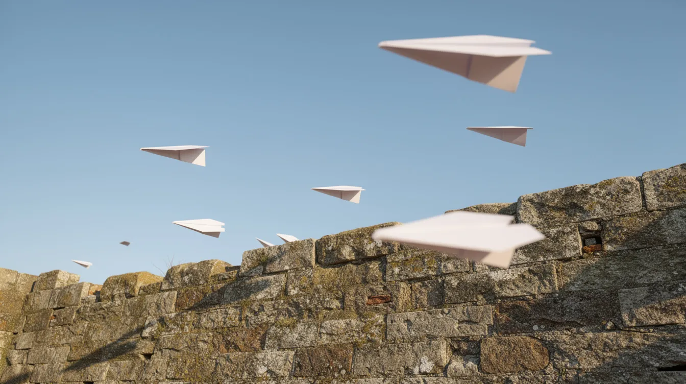 Papierflieger schweben fröhlich vor einem klaren blauen Himmel und fliegen über eine alte, verwitterte Steinmauer hinweg. Diese Szene könnte an die Unbeschwertheit und den Zauber der Kindheit erinnern, wie sie in "Die Kinder des Monsieur Mathieu" dargestellt wird.