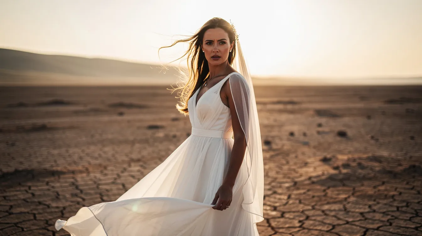 Eine entschlossene Frau in einem weißen Brautkleid steht in einer staubigen Landschaft, das Sonnenlicht strahlt durch ihr Haar und verleiht der Szene eine dramatische Atmosphäre, die an Quentin Tarantinos "Kill Bill" erinnert. Ihr Blick zeugt von Rache und Entschlossenheit, ähnlich wie die Hauptfigur Beatrix Kiddo in ihrem Kampf gegen das Killerkommando.