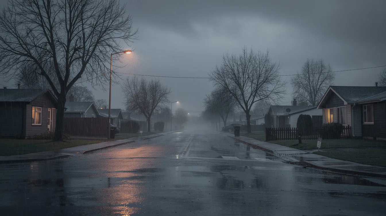 Eine düstere Vorstadtstraße ist im Regen bei Dämmerung zu sehen, mit nassen Gehwegen und kahlen Bäumen, während eine graue Wolkendecke über den Einfamilienhäusern schwebt. Die bedrückende Atmosphäre lässt an einen spannenden Thriller denken, in dem Ermittlungen und Selbstjustiz eine zentrale Rolle spielen.
