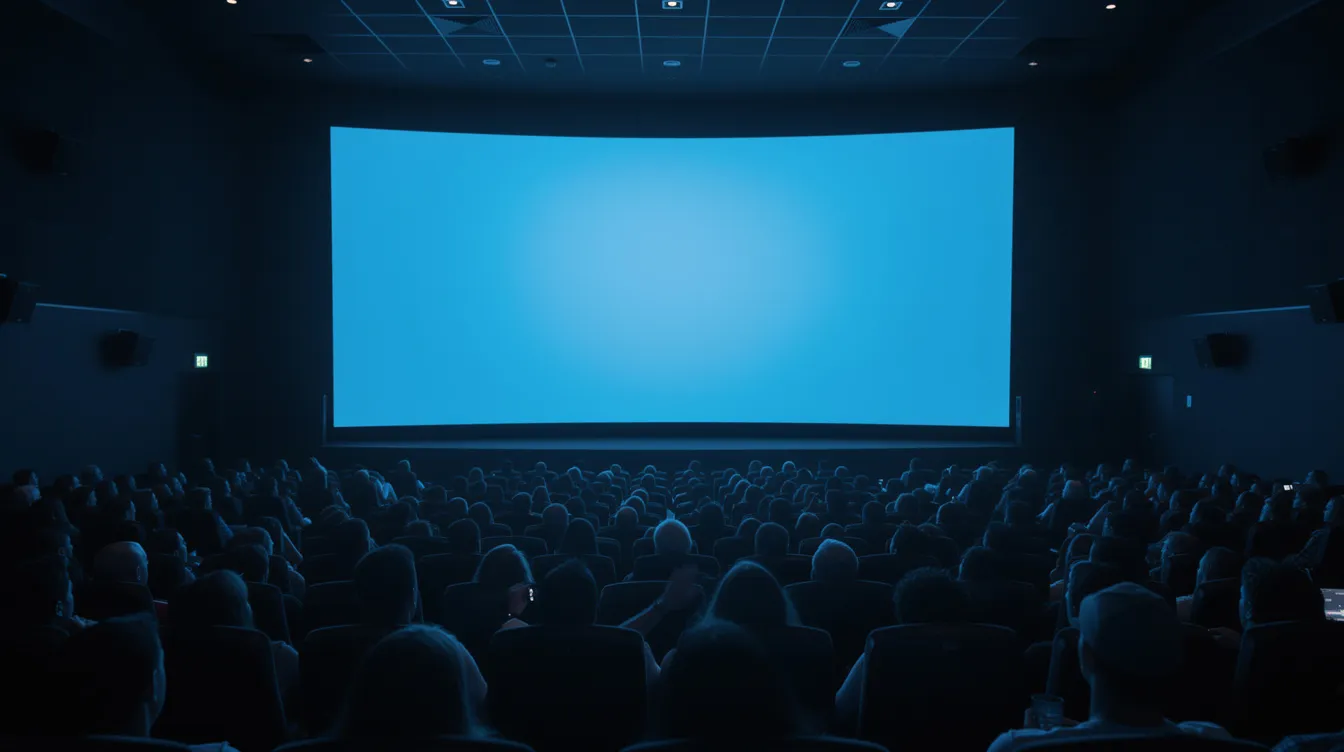 Ein gefüllter Kinosaal, in dem das Publikum gebannt auf eine riesige Leinwand blickt, die in blaues Licht getaucht ist. Die Atmosphäre ist gespannt, während die Zuschauer auf die bevorstehende Filmanalyse von "Avengers: Endgame" warten.