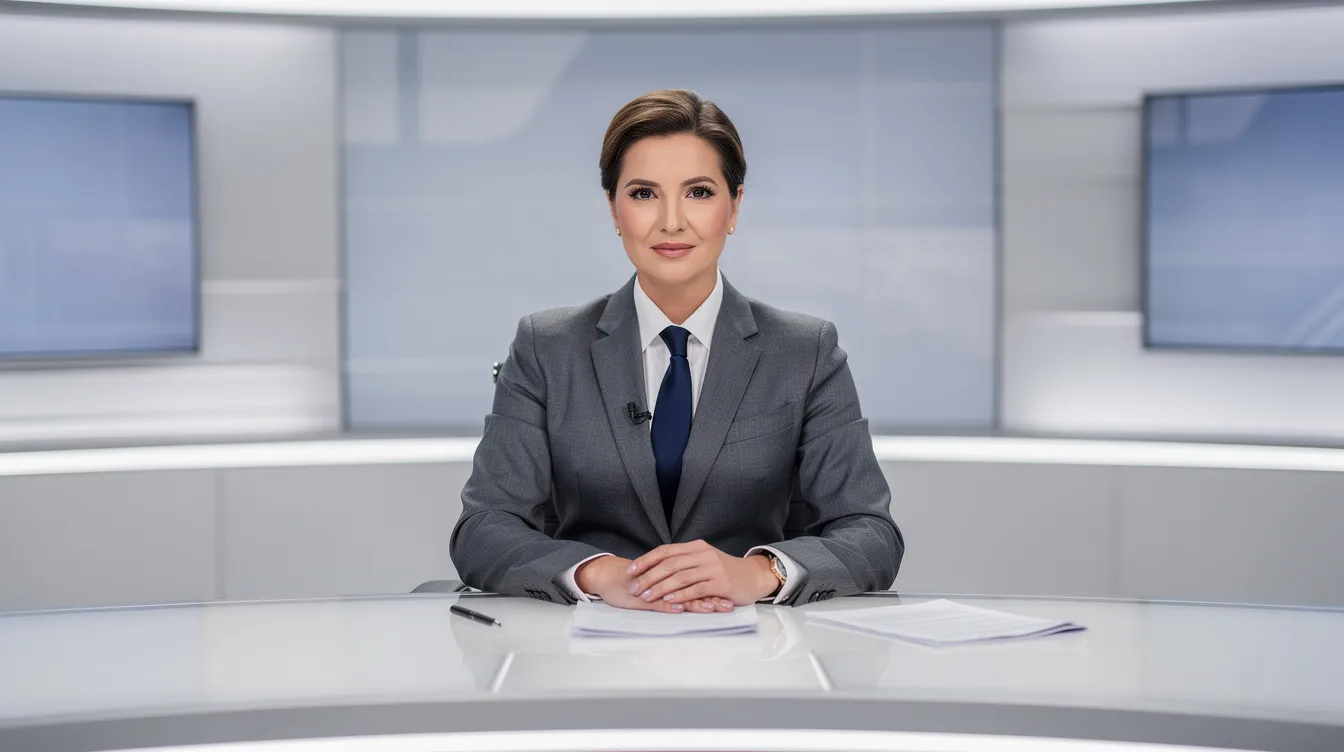 Ein Nachrichtenmoderator sitzt an einem hellen Schreibtisch in einem Fernsehstudio, frontal von einer Kamera auf Augenhöhe aufgenommen. Die Studiobeleuchtung sorgt für eine gleichmäßige Ausleuchtung der Szene und hebt die Person im Vordergrund hervor.