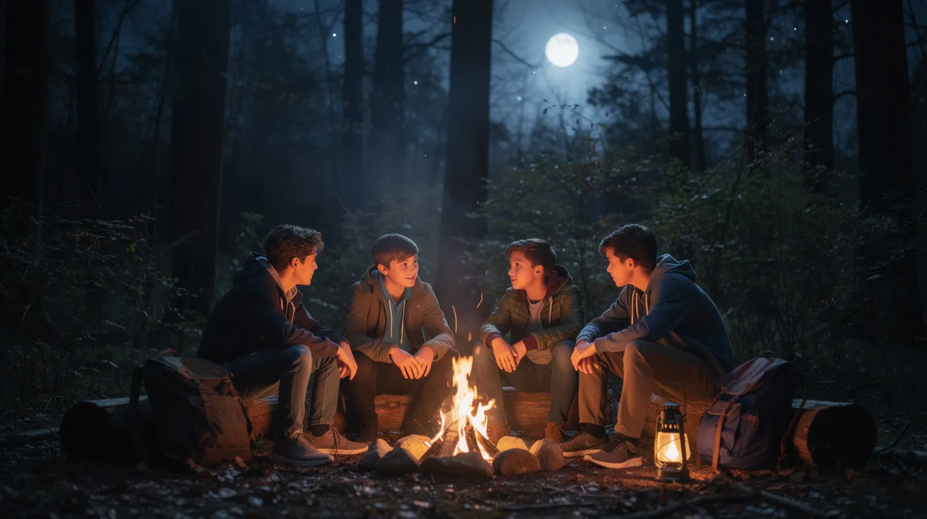 Vier Jungen sitzen nachts um ein kleines Lagerfeuer im Wald, ihre Gesichter werden sanft vom warmen Feuerschein beleuchtet. Diese Szene erinnert an die Coming-of-Age-Geschichte "Stand by Me – Das Geheimnis eines Sommers", in der Freundschaft und Abenteuer im Mittelpunkt stehen.