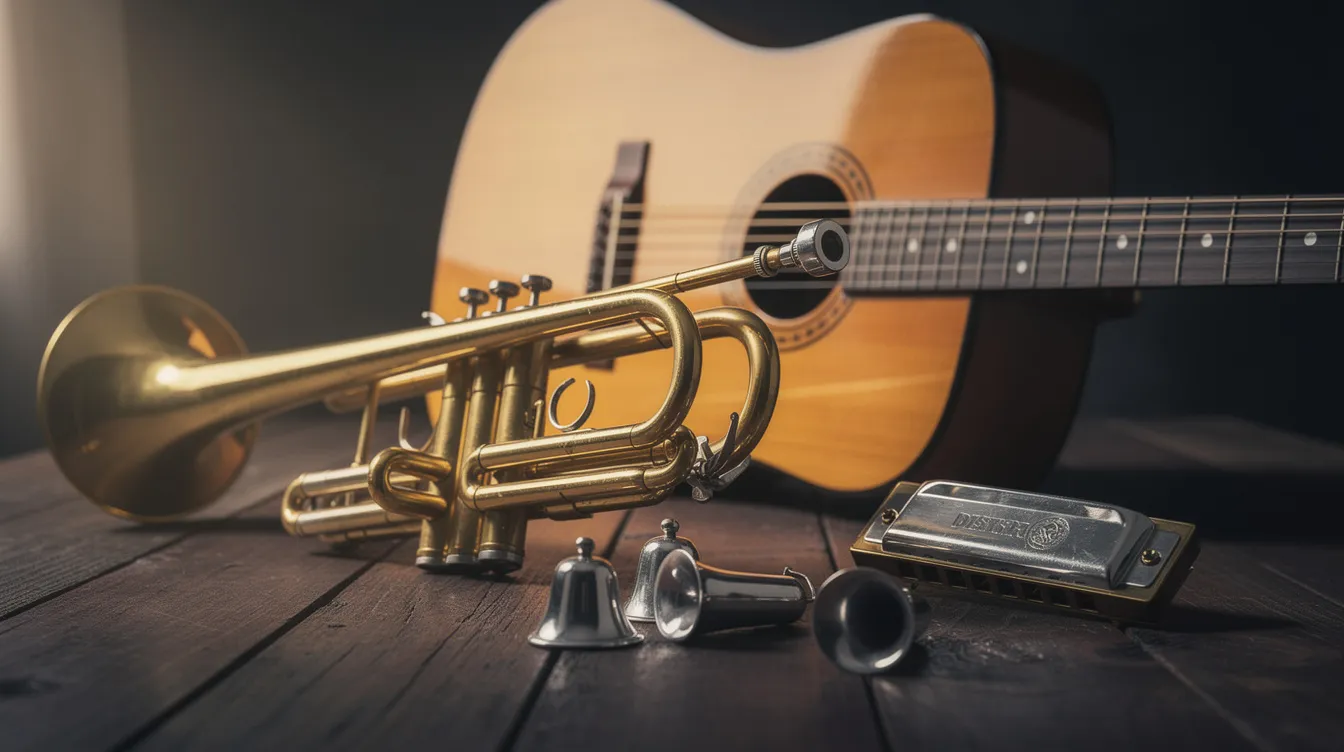 Auf einem dunklen Holztisch sind verschiedene Musikinstrumente kunstvoll arrangiert, darunter eine Trompete, eine Mundharmonika, eine akustische Gitarre und kleine Glocken. Diese Anordnung erinnert an die klangvollen Kompositionen von Ennio Morricone, die oft in berühmten Italo-Western wie "Die zwei glorreichen Halunken" zu hören sind.