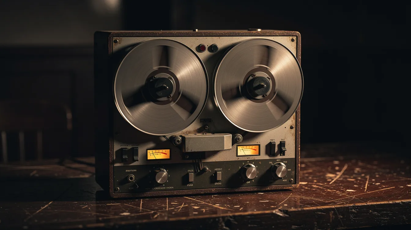 Das Bild zeigt ein altes Tonbandgerät mit drehenden Spulen, das auf einem dunklen Holztisch platziert ist. Diese nostalgische Technik erinnert an die Überwachung und Informationsbeschaffung in der DDR, ein zentrales Thema in Filmen wie "Das Leben der Anderen".