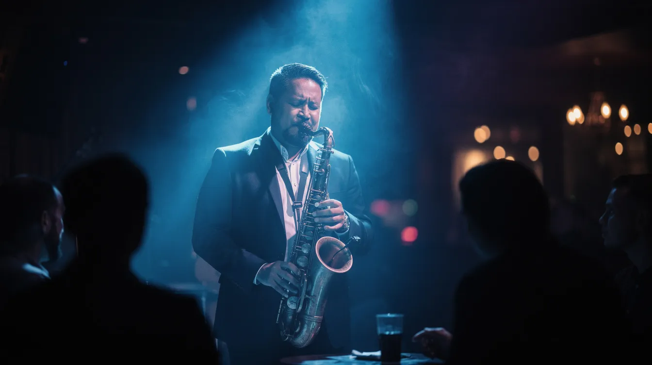 Ein Saxophonspieler steht im blauen, stimmungsvollen Scheinwerferlicht während einer nächtlichen Jazz-Session, umgeben von einer Atmosphäre, die an die klassischen Filme von Martin Scorsese erinnert. Die Szene strahlt eine Mischung aus Melancholie und Leidenschaft aus, die typisch für das nächtliche Leben in New York ist.