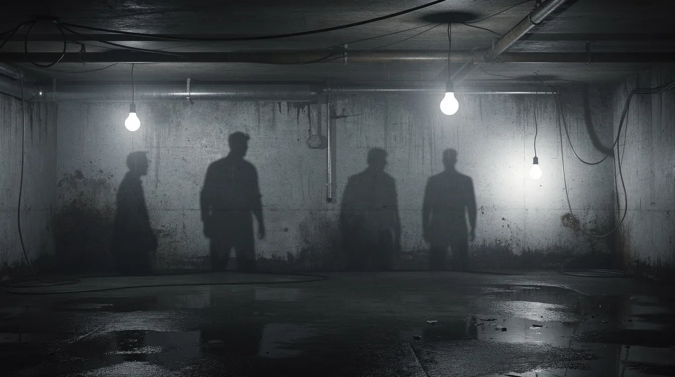 Ein düsterer Kellerraum mit nackten Glühbirnen beleuchtet einen nassen Betonboden, während die Schatten von Männern an den Wänden tanzen. Diese Atmosphäre erinnert an die intensiven Szenen aus David Finchers Kultfilm "Fight Club", in dem Themen wie Gewalt und Selbstfindung im Mittelpunkt stehen.