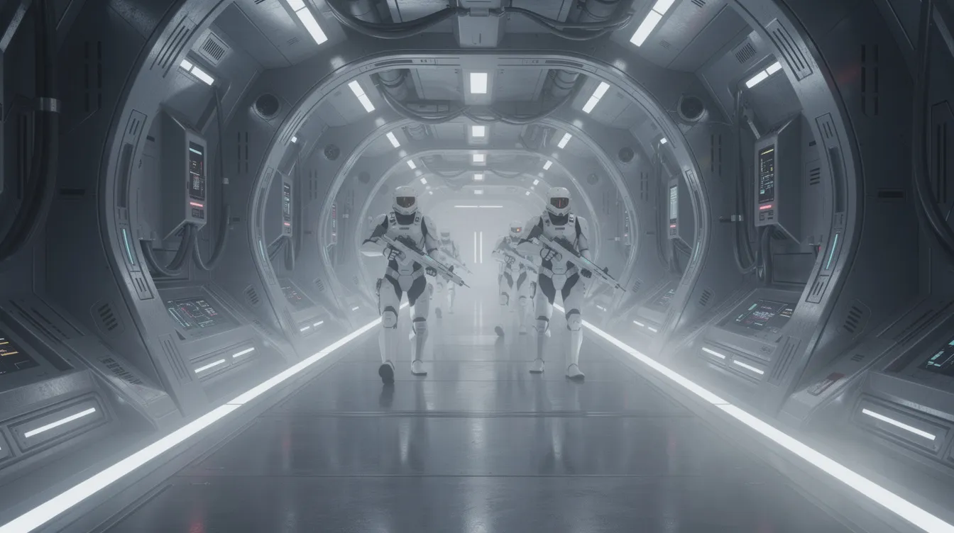 In einem futuristischen Raumschiffkorridor, der in metallischem Grau gehalten ist, patrouillieren Soldaten in weißer Rüstung unter steriler Beleuchtung durch einen langen Gang. Diese Szenerie erinnert an die Atmosphäre aus "Star Wars Episode IV: Eine neue Hoffnung", wo das Imperium und die Rebellen in einem epischen Krieg gegeneinander kämpfen.