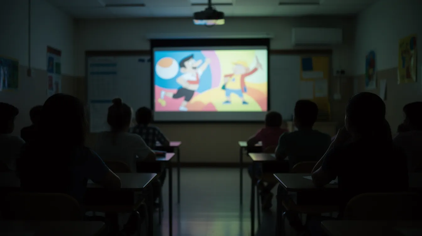 Silhouetten von Schülern sitzen in einem dunklen Klassenzimmer und schauen einen bunten Animationsfilm, der auf eine große Leinwand projiziert wird. Die Atmosphäre ist gespannt, während die Charaktere wie Woody und Buzz aus dem Disney-Film lebendig werden und die Schüler in die Handlung und die Themen des Films eintauchen.