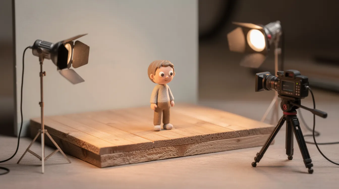 Das Bild zeigt ein Miniaturset mit einer bunten Knetfigur auf einer kleinen Bühne, umgeben von einem Stativ mit Kamera und Studiolicht, die für die Erstellung von 3D-Animationen und Animationsvideos verwendet werden. Die Szene vermittelt den Eindruck eines kreativen Arbeitsablaufs für die Produktion von Zeichentrickfilmen und bewegten Inhalten.