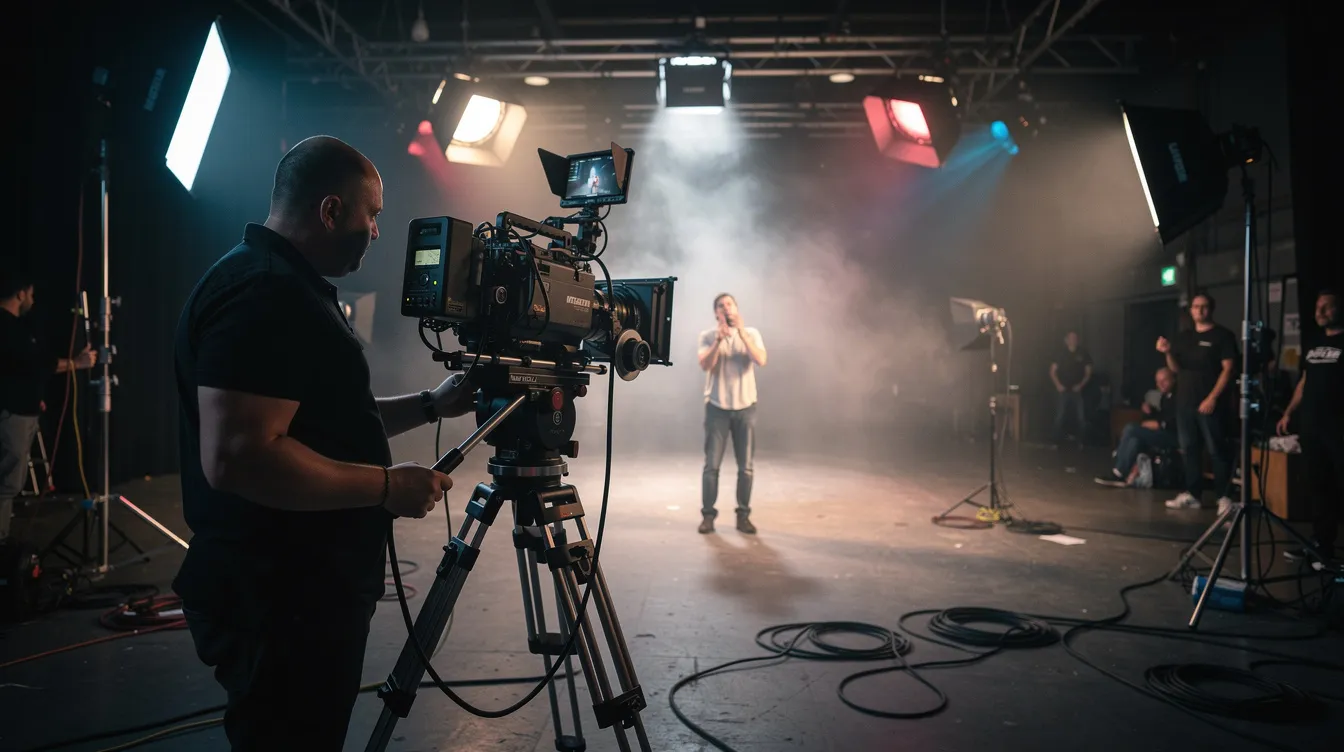Ein Kameramann filmt eine dramatische Szene in einem Studio, das mit stimmungsvoller Beleuchtung und Filmausrüstung ausgestattet ist. Die Atmosphäre deutet auf eine spannende Erzählung hin, die den Zuschauer in die Handlung und den Charakterbogen der Protagonisten eintauchen lässt.