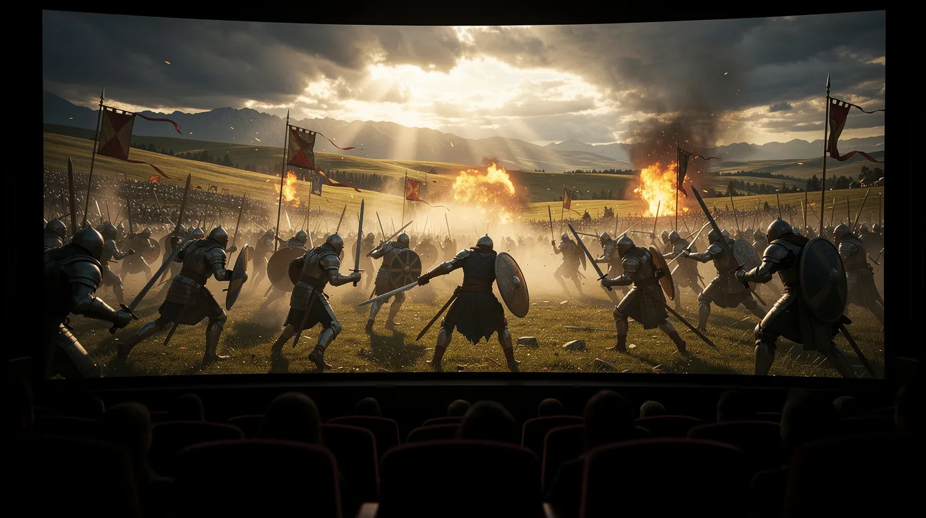 Auf der Kinoleinwand ist ein episches Fantasy-Schlachtfeld zu sehen, auf dem Ritter und Krieger in einer weitläufigen Landschaft kämpfen, umgeben von dramatischer Beleuchtung, die die Intensität der Szene verstärkt. Diese Darstellung erinnert an die Haupthandlung von Filmreihen wie "Der Herr der Ringe" und "Star Wars", die für ihre beeindruckenden Schlachten bekannt sind.