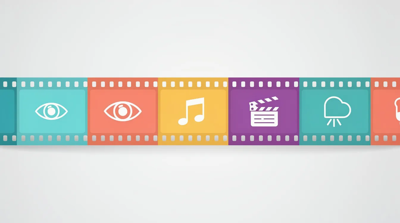 Ein stilisierter Filmstreifen zeigt mehrere farbige Segmente, die jeweils mit einem Symbol versehen sind, darunter ein Auge, eine Musiknote und eine Filmklappe. Diese Gestaltungselemente repräsentieren unterschiedliche Aspekte der Filmsprache und laden zur Auseinandersetzung mit dem Medium Film ein.